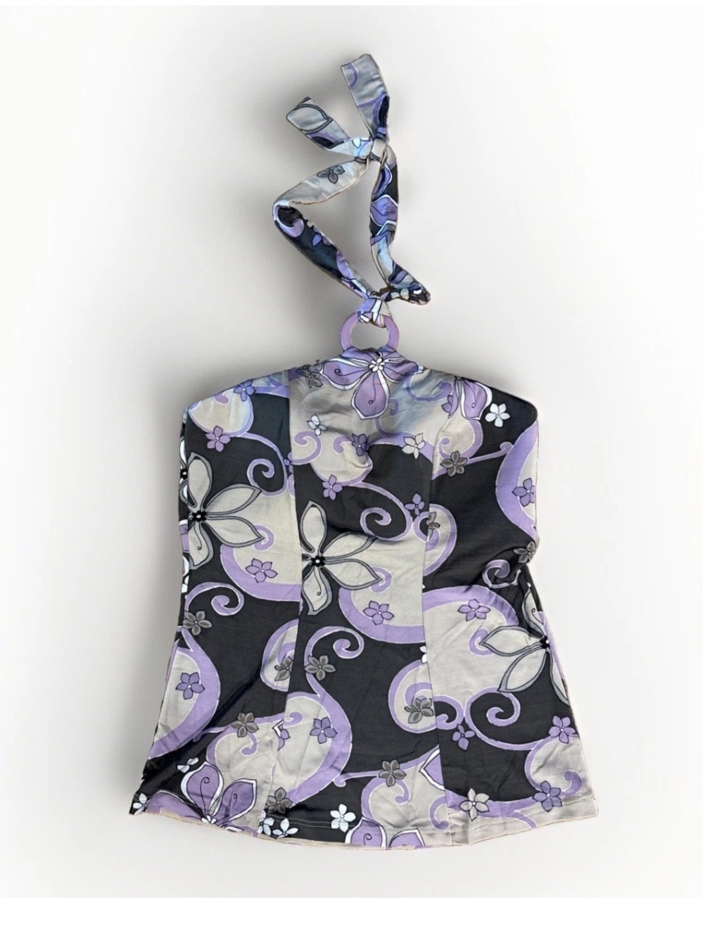 Papillon Blanc Made In Canada Medium Halter Ring Floral y2K Top